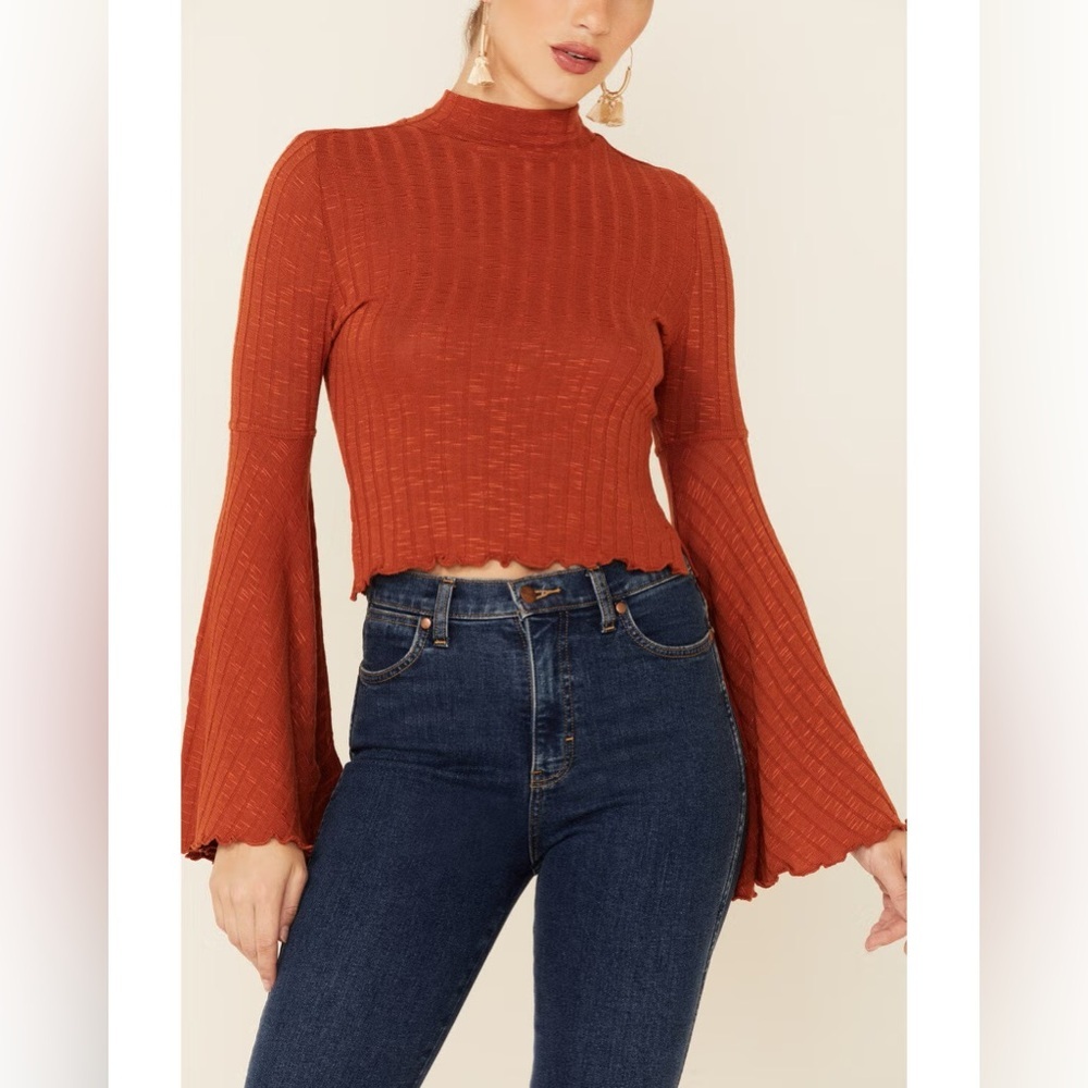 Shyanne Rust Bell Sleeve Knit Crop Top Western Boho Nashville Festival Hippie